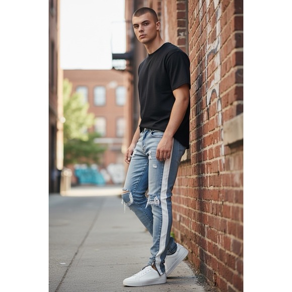 Lakenzie Other - Lakenzie Men's Side Stripe Distressed Ankle Zipper Skinny Jeans Size 30 x 32